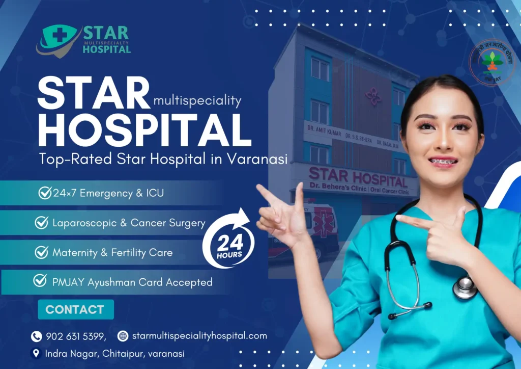 Front view of Star Hospital Varanasi building with hospital name board and emergency vehicle