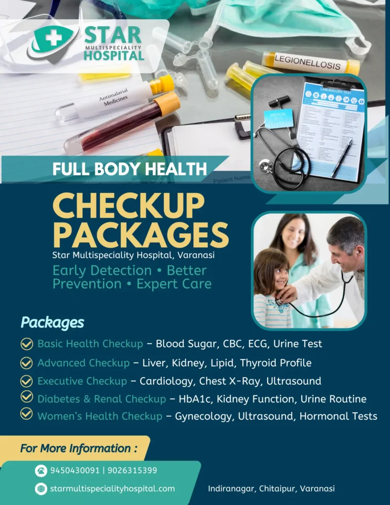 Full body health checkup packages at Star Multispeciality Hospital Varanasi – Basic, Advanced, Executive, Diabetes & Women’s Health checkups.